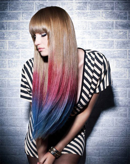 Colored long straight hairstyle with bangs