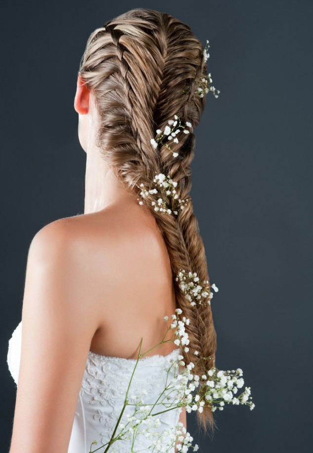 Fishtail Braid Floral Bride Hairstyle Over