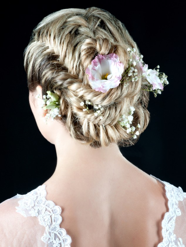 Fishtail Braid Bun Floral Bride Hairstyle Over