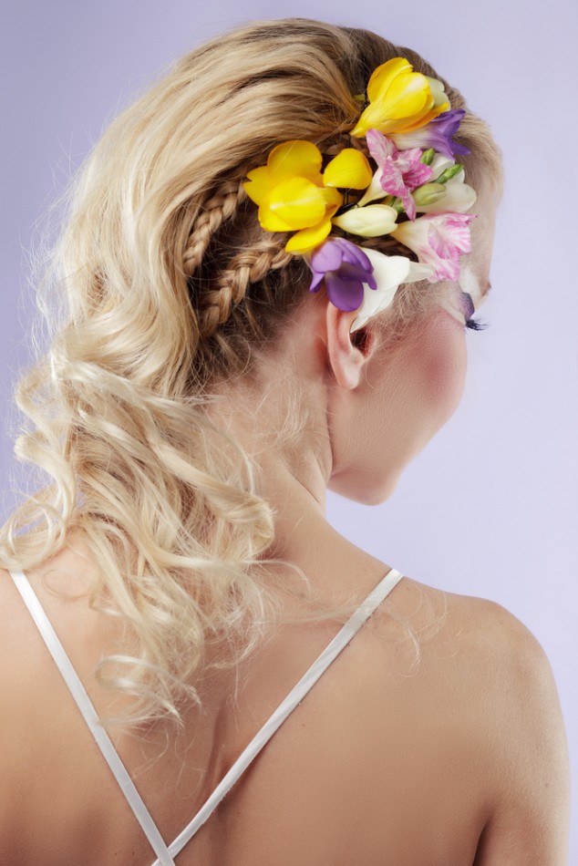 Long Wavy Braid Floral Bride Hairstyle Over