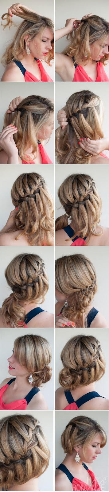 DIY waterfall braided bun hairstyle over