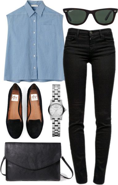 Blue top, black jeans and black flats