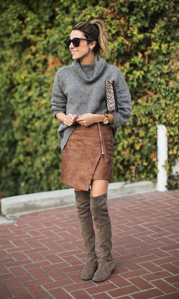 gray sweater-uneven skirt and knee-high boots via