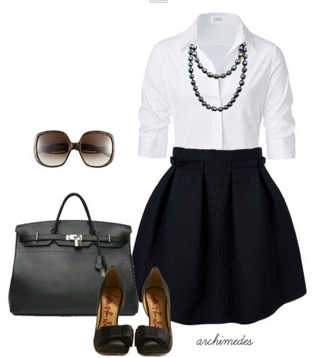 white shirt, small black skirt and black sandals