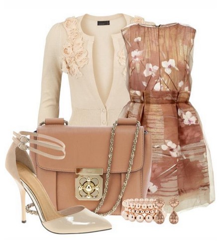 Daily outfit look, dress with floral print, beige cardigan and bare high heels
