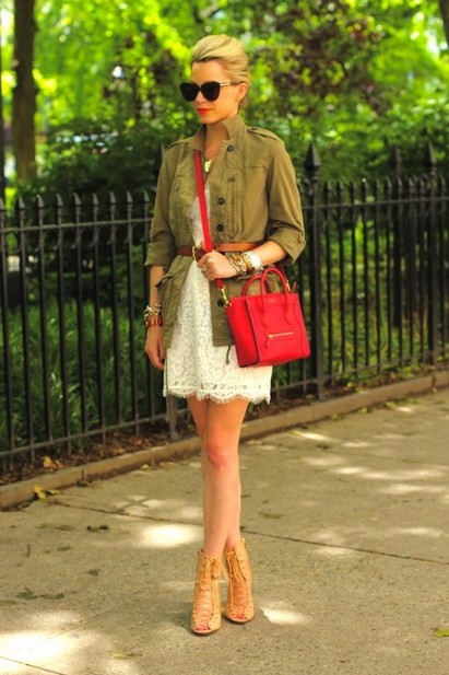 Military jacket with white lace mini dress - military trend inspiration for spring 2014