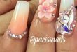 Pink pastel rhinestone ombre floral nailart flower nails design .