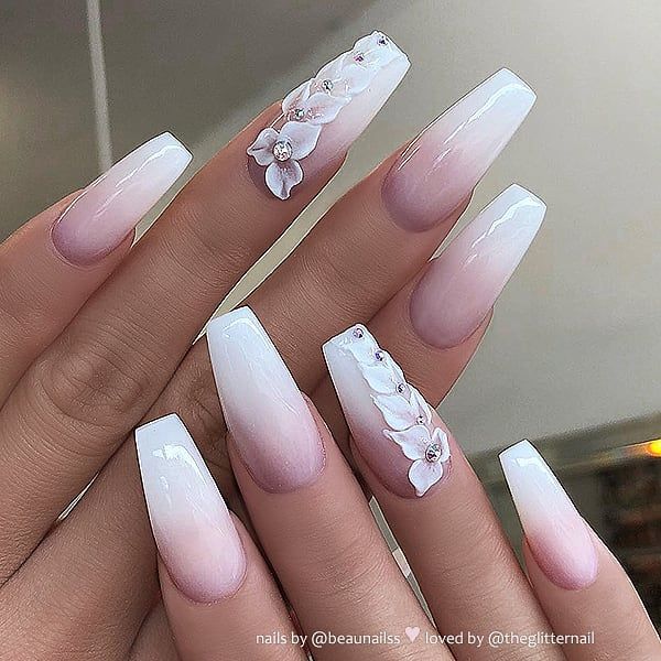 ✨ French Ombre with 3D-Flowers and Crystals on Coffin Nails .