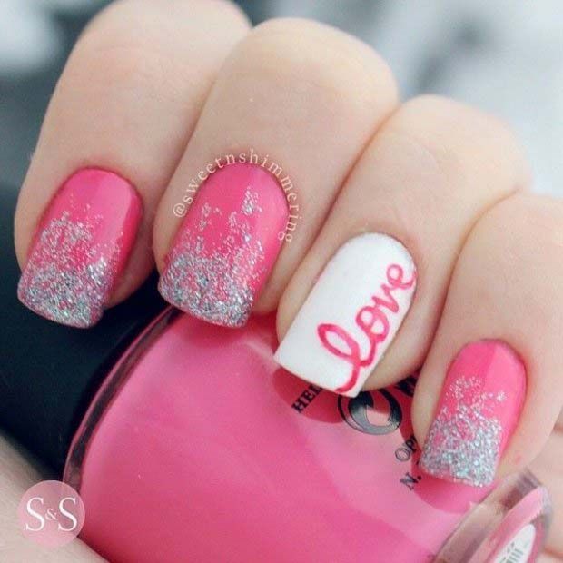 Adorable Valentine's Day Nail Ideas with cursive love, pink and .