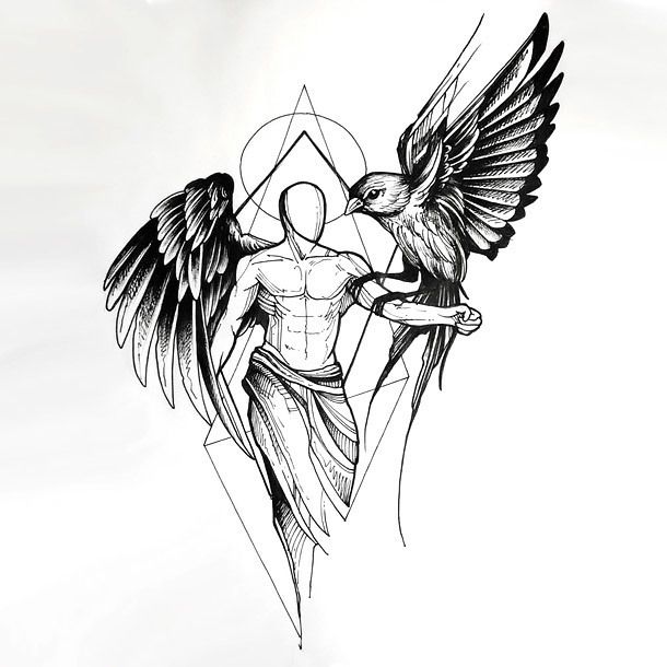 Sketch Style Angel With Bird Tattoo Design | Tattoo design .