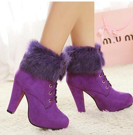 2015 Beautiful Rabbit Fur Women Suede Boots Purple Black Winter .