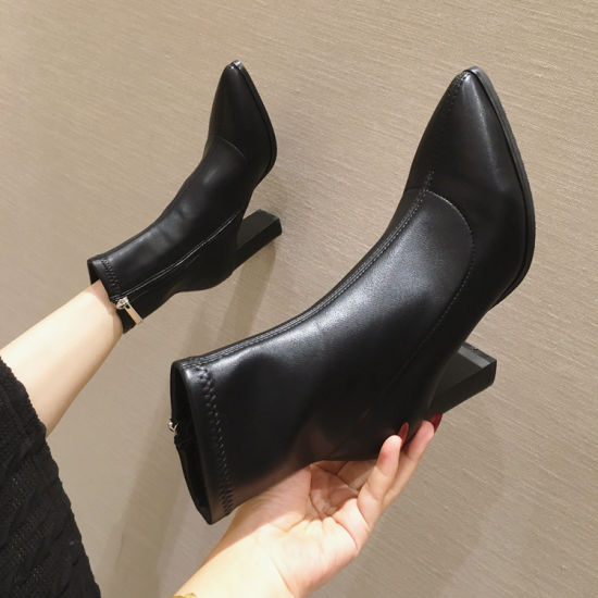 China Best Quality PU Ladies Chunky Heels Ankle Boots Women .