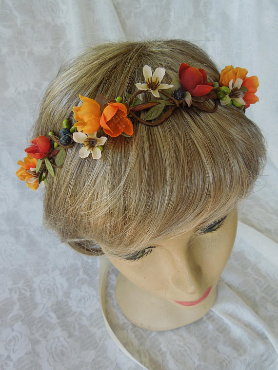 Fall colors flower crown,autumn brides wreath,gold and orange .