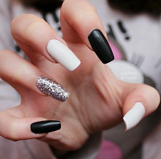 Matte black & white with silver glitter | White acrylic nails .
