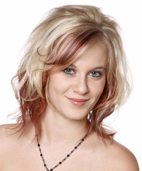 Medium Wavy Light Blonde Hairstyle with Side Swept Bangs and Red .