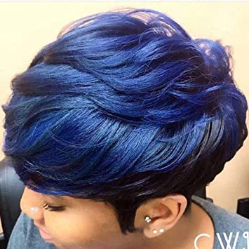 Amazon.com : BeiSD Short Mixed Blue Black Hair Wig Colorful Short .