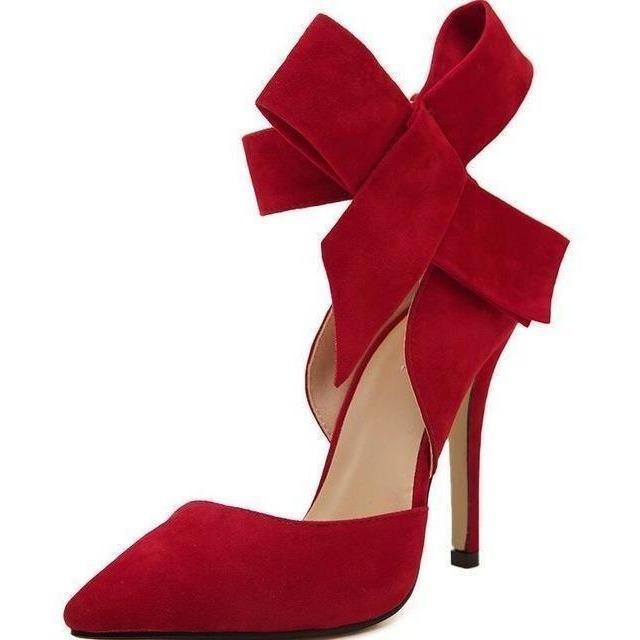 Big Bow Tie Butterfly Knot Pointed High Heel Pumps Red Stilettos .
