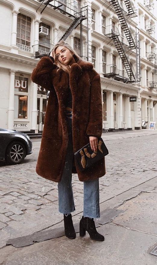 chocolate brown fur coat - casual fall outfit, winter outfit .
