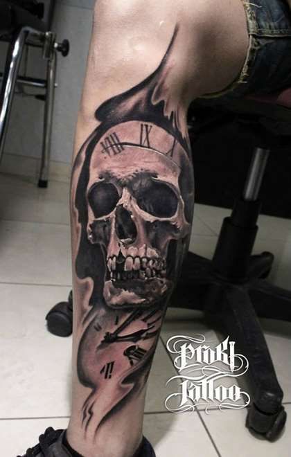 Skull tattoo on calf | Watch tattoos, Calf tattoo, Tattoos for gu