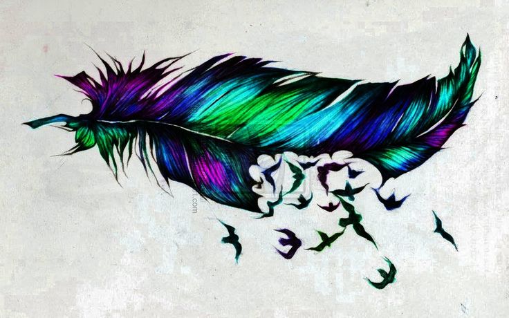 Colorful Feather With Flying Birds Tattoo Design By Elizabe