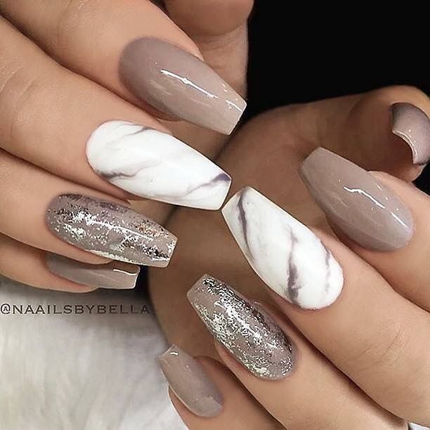 Creative mismatched glitter and marble nail art design ideas .