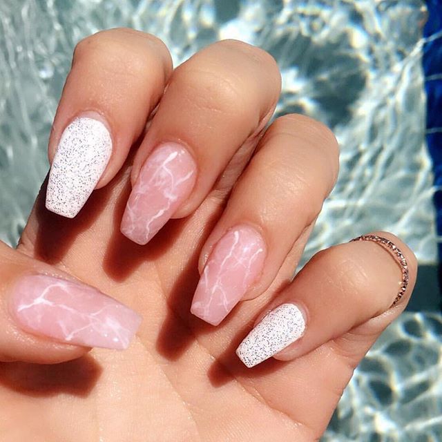 Creative mismatched glitter and marble nail art design ideas .