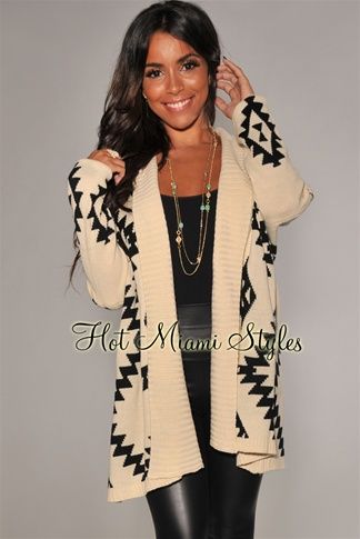 Cream Black Aztec Print Sweater Cardigan | Casual fall outfits .