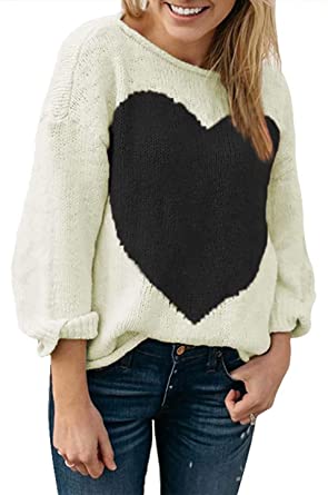 Amazon.com: Women's Cute Heart Print Sweater Knitted Long Sleeve .