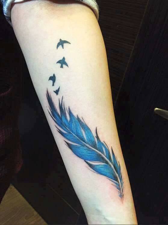 Cute Colored Feather Tattoo Design For Girls | Feather with birds .