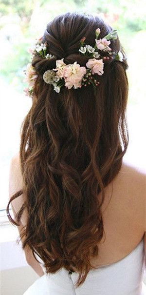 wedding hairstyles | long hair | curly | with flower crown | twist .