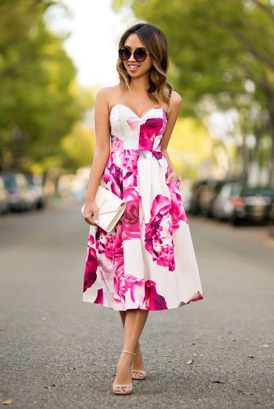 Picture Of a strapless pink floral print midi dress, nude shoes .
