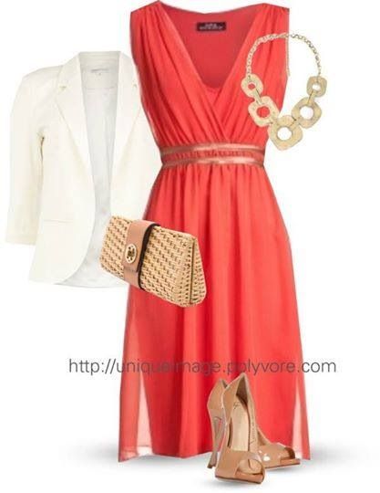 Coral dress, tan accessories, gold jewelry | Coral dress .