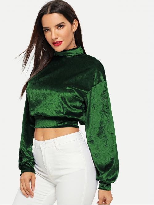 Glamorous Plain Regular Fit Long Sleeve Pullovers Green Crop .