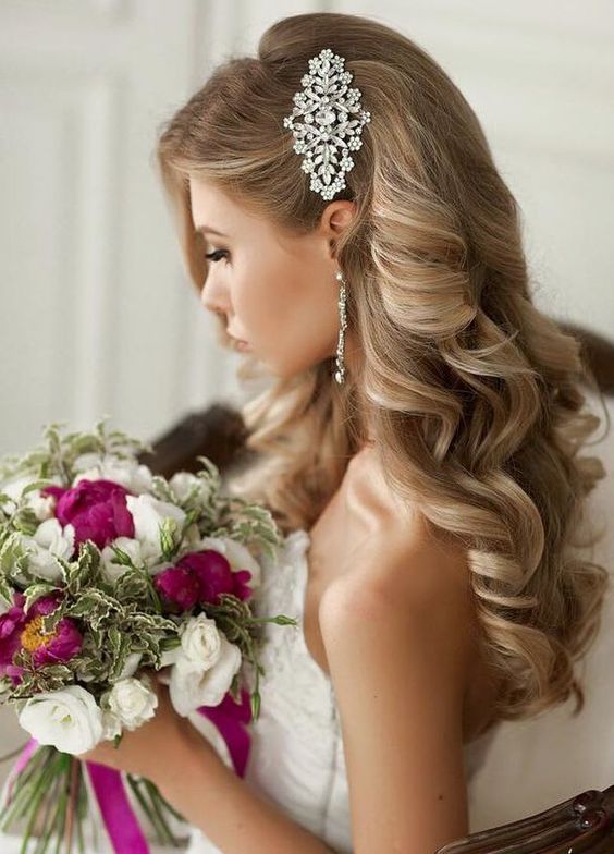 Glam side-swept curls. Wedding hairstyles to hide your fringe .
