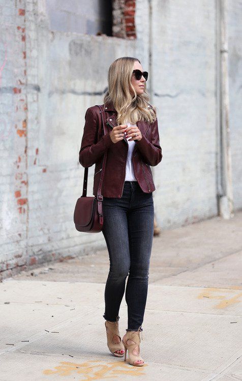 17 ideas to add burgundy to your outfits | Leather jacket outfits .