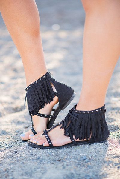 Far & In Between Studded Fringe Sandals (Black) - NanaMacs.com .