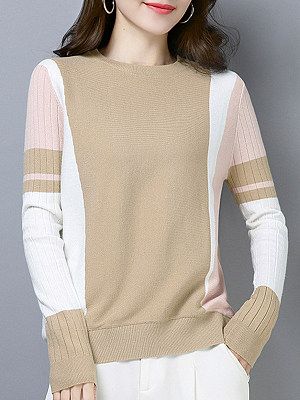 Round Neck Elegant Color Block Long Sleeve Knit Pullover in 2020 .