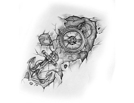 This is a tattoo design of a compass with an anchor set on a map .