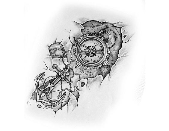 Compass with Anchor and Map Tattoo Design by LapineTattooDesign .