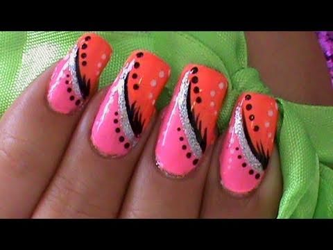 Pink & Orange Abstract Nail Art Design Tutorial - YouTu