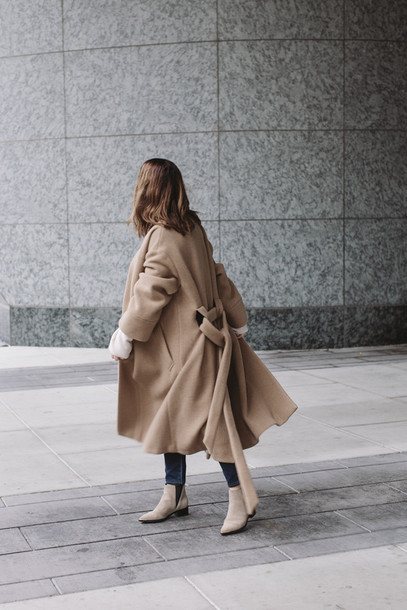 coat, tumblr, beige coat, boots, flat boots, winter outfits .