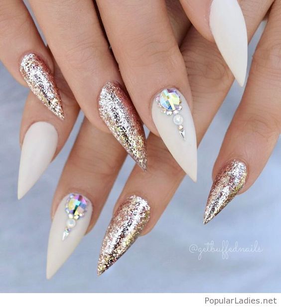 White stilettos nails with glitter | Almond acrylic nails, White .