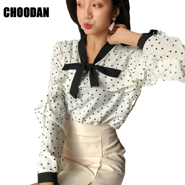 polka dot shirt sweet bow ruffles long sleeve women blouses spring .