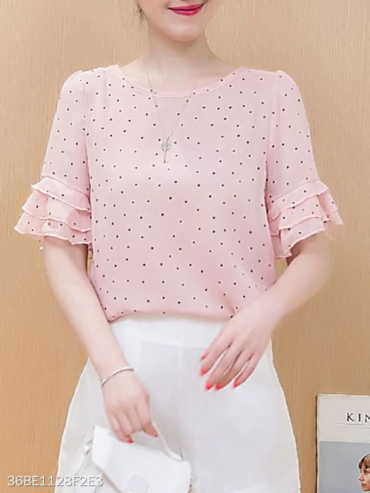 Spring Summer Chiffon Women Round Neck Polka Dot Bell Sleeve Short .