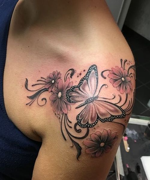 So Pretty Butterfly and Flower Tattoos on Shoulder for Women .