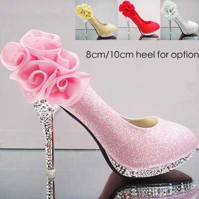Wedding high heeled flower decorated romantic crystal shoes bridal .