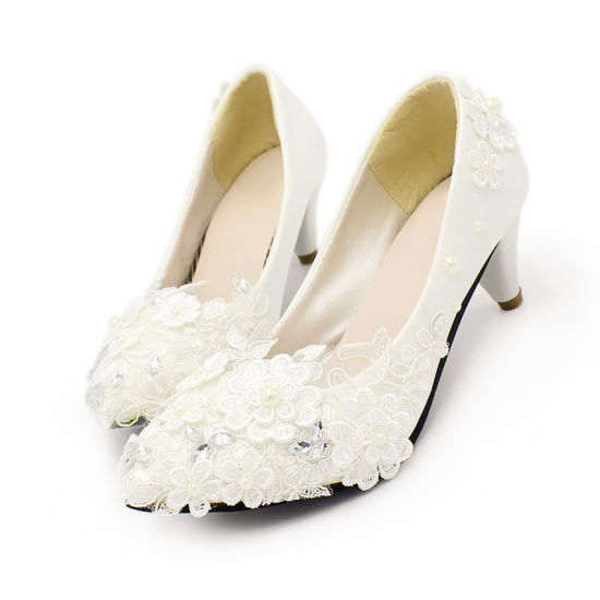 China White High Heels Romantic Pearl Lace Bridal Shoes Wedding .