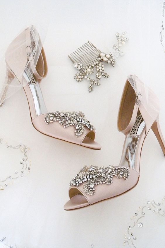 Romantic Bridal Accessories. Badgley Mischka pink wedding shoes .