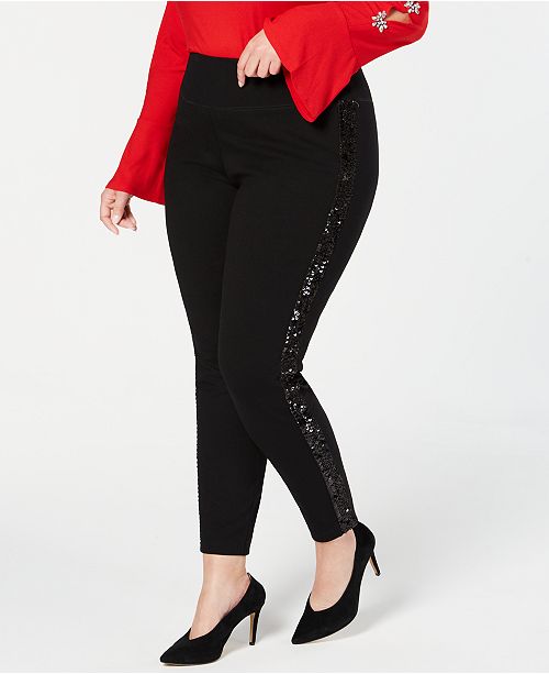 INC Plus Size Sequin-Varsity-Stripe Ponte-Knit Pants, Created for .