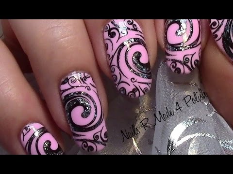 Glitter Flourish Stamping Nail Art Design (tutorial for long nails .